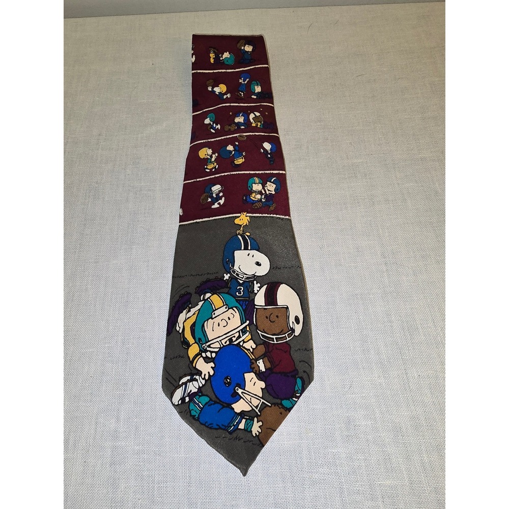 Peanuts Mens Necktie Maroon Grey Football Snoopy Charlie Brown OS Good
